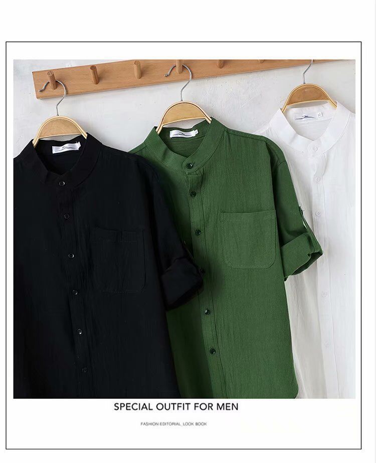 Loose Linen Stand Collar Men's Shirt. Product information: Pattern: solid color, Color: white, black, green, Size: M,L,XL,XXL,XXXL, Style: Cardigan, Fabric name: Cotton, Style: Korean style, Craft: embossing. Note: 1. Asian sizes are 1 to 2 sizes smaller 