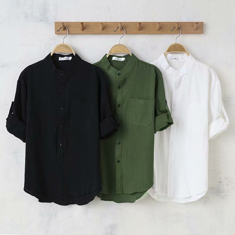 Loose Linen Stand Collar Men's Shirt. Product information: Pattern: solid color, Color: white, black, green, Size: M,L,XL,XXL,XXXL, Style: Cardigan, Fabric name: Cotton, Style: Korean style, Craft: embossing. Note: 1. Asian sizes are 1 to 2 sizes smaller 