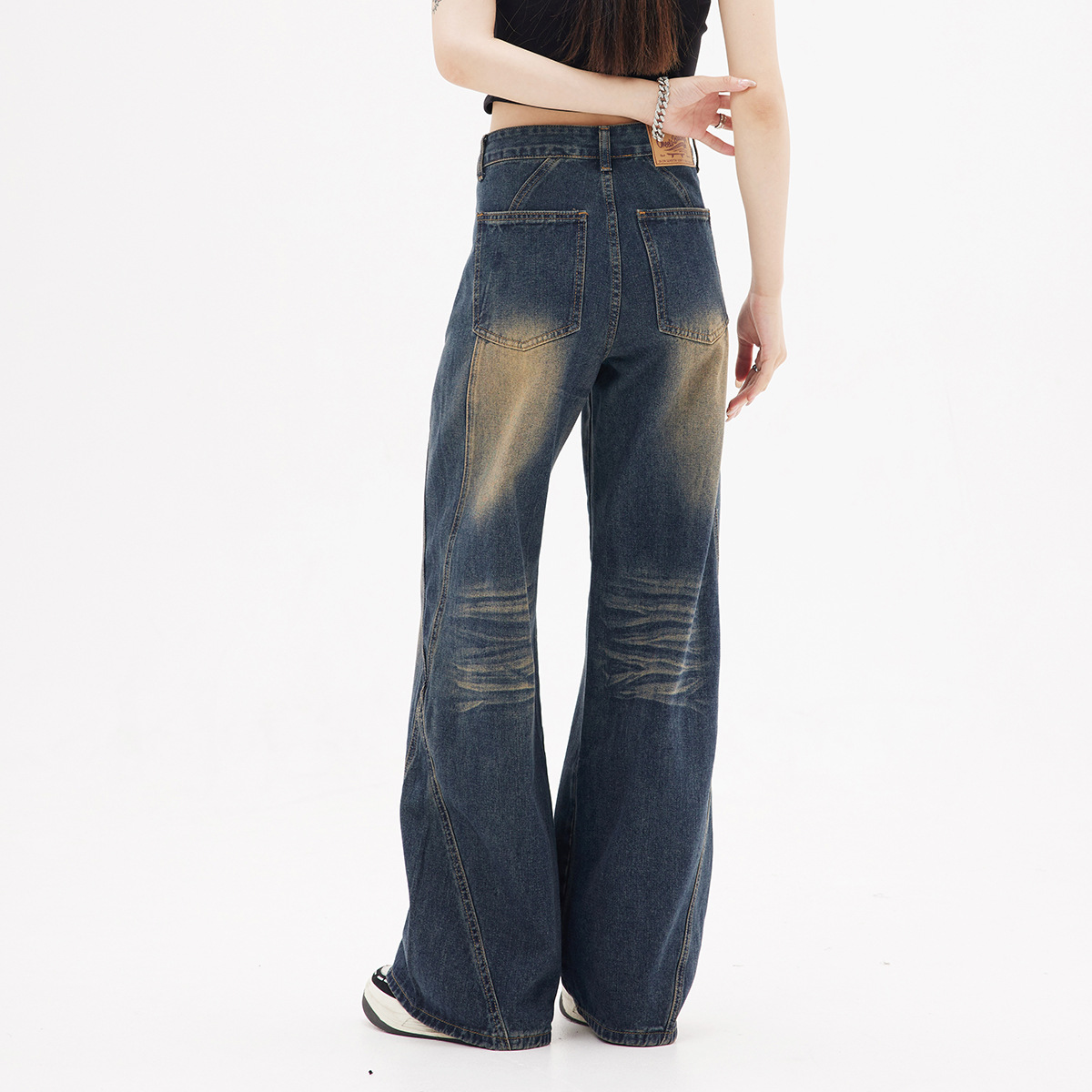 Retro Washed Dark Blue Straight Jeans