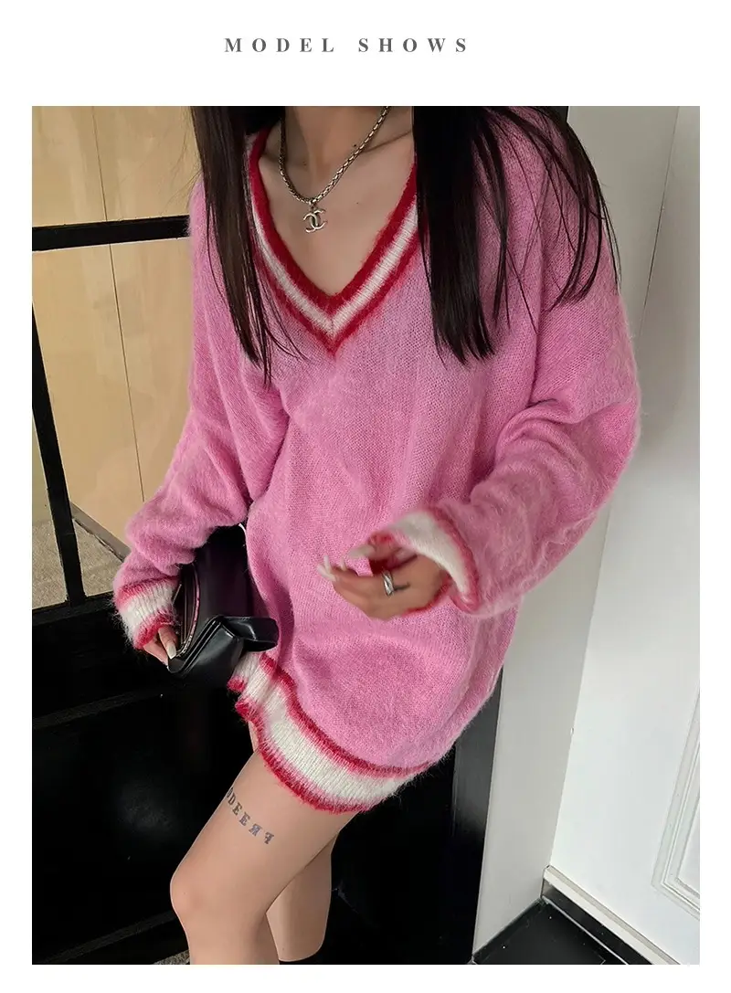 Knitwear V-neck Long Pullover Flocking Mohair Autumn And Winter Sweater