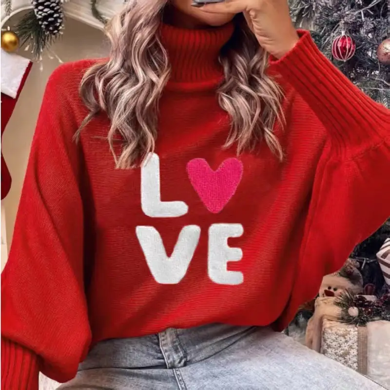 European And American Valentine's Day LOVE Red High Collar Sweater