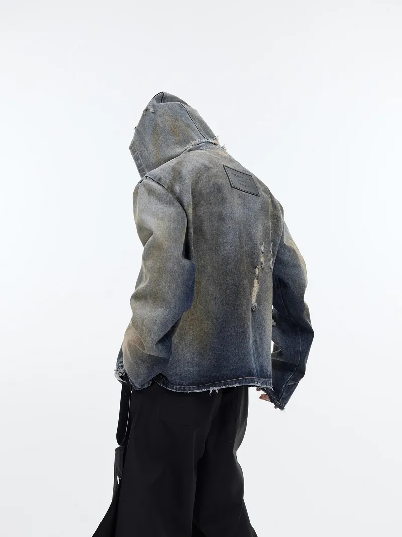 Design Sense Padded Shoulder Heavy Retro Distressed Hooded Denim Jacket