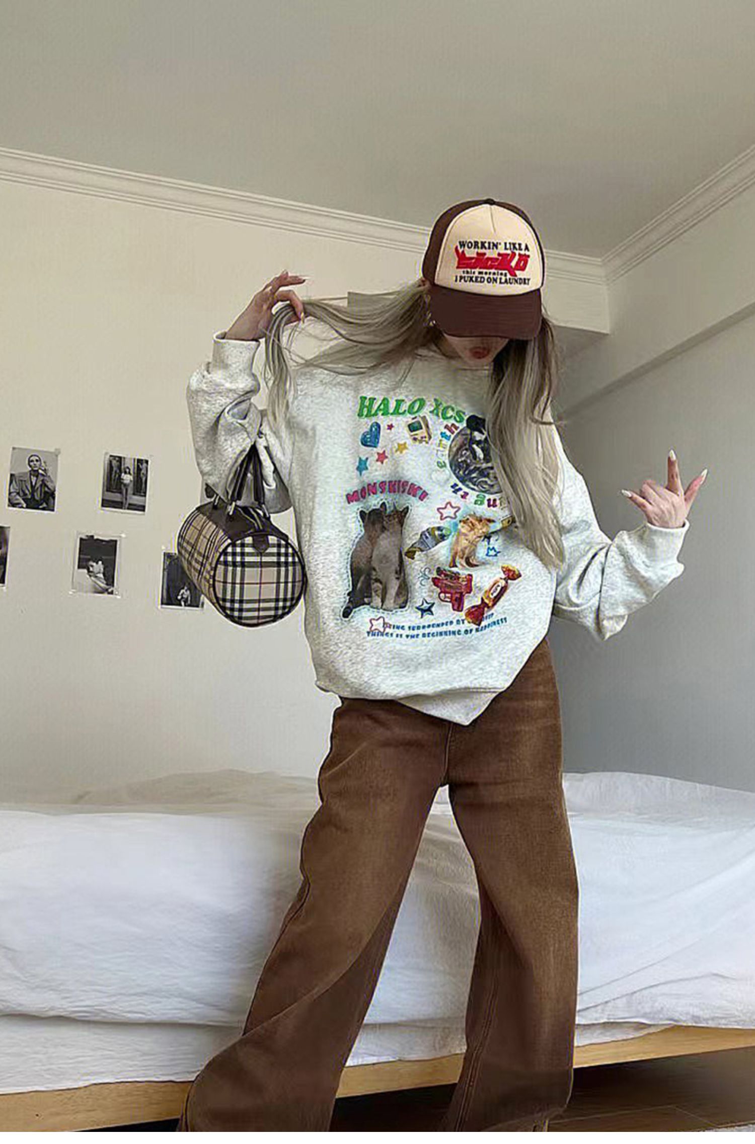 American Retro Graffiti Cat Velvet Padded Hooded Sweatshirt