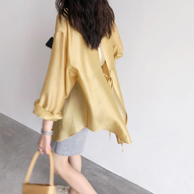 Women's Loose Casual Back Slit Tie Shirt