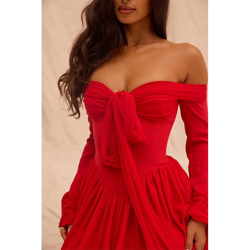 Women's Fashion Colorblock Off-neck Waist Flared Sleeve Dress