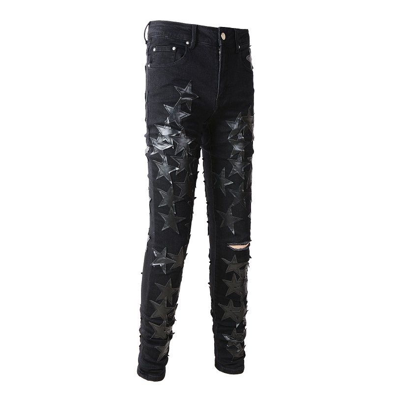 Title 2, Moda Masculina Stretch Star Patch Jeans Rasgado