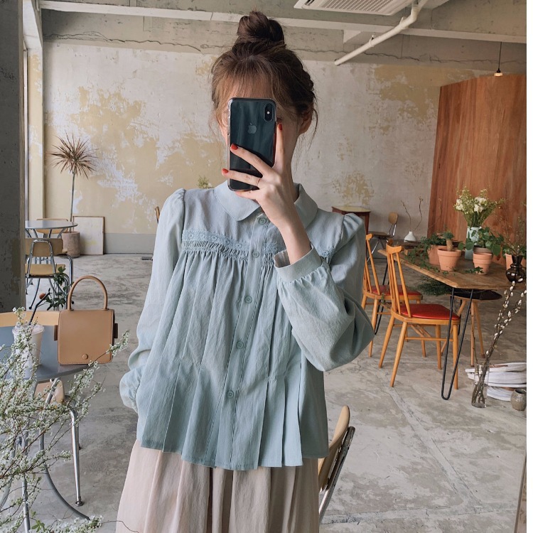 Korean Style Mori Style Doll Collar Pleated Long Sleeve Shirt