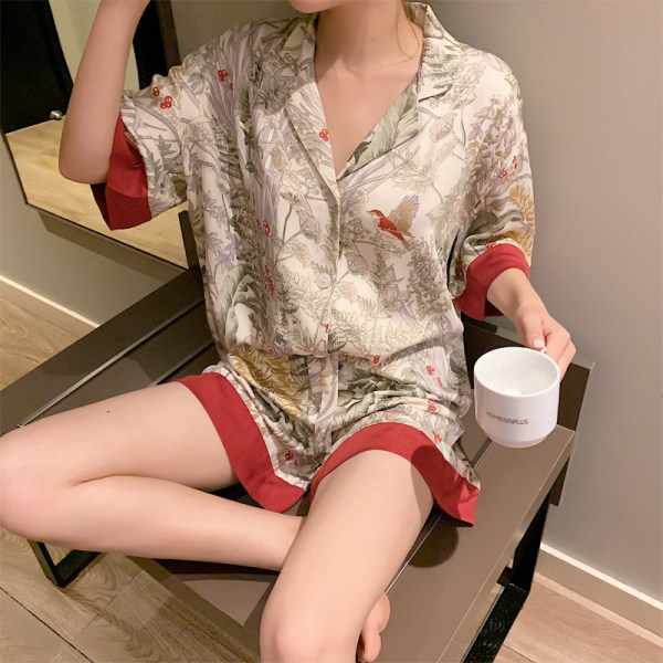 Title 3, Ice Silk Short Sleeve Shorts Lapel Bird Pajamas...