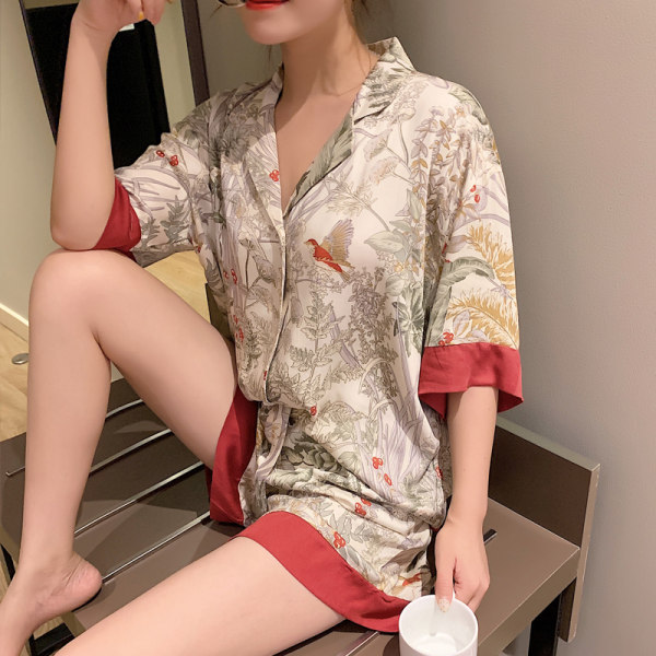 Title 4, Ice Silk Short Sleeve Shorts Lapel Bird Pajamas...