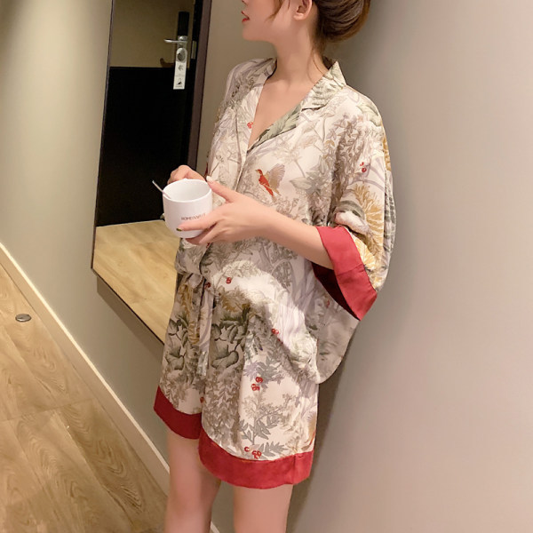 Title 5, Ice Silk Short Sleeve Shorts Lapel Bird Pajamas...