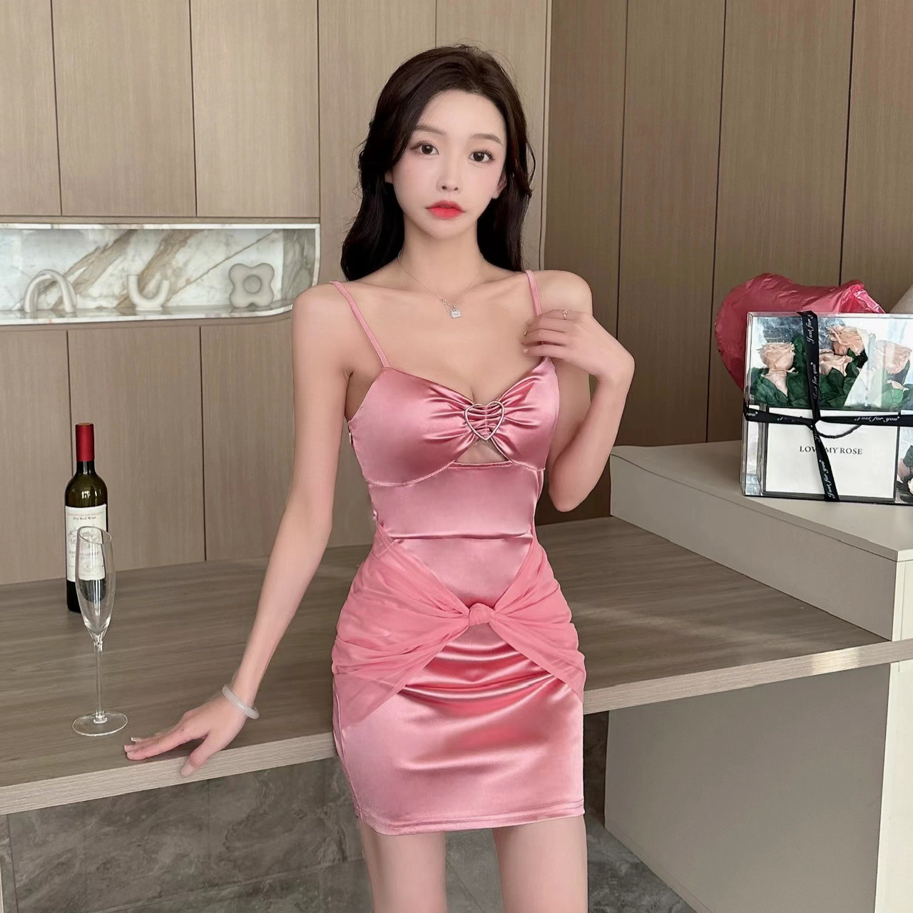 Title 18, V-neck Low Cut Cut Satin Camisole Dress