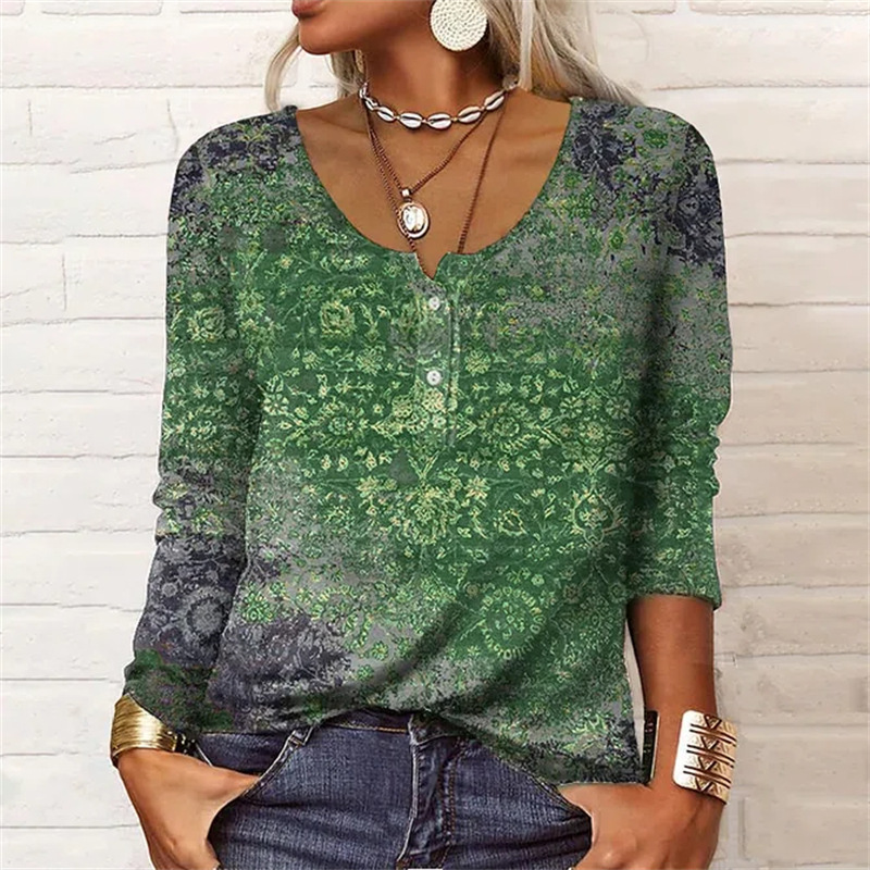 Title 4, Loose Long-sleeved Geometric Floral U-neck Butt...