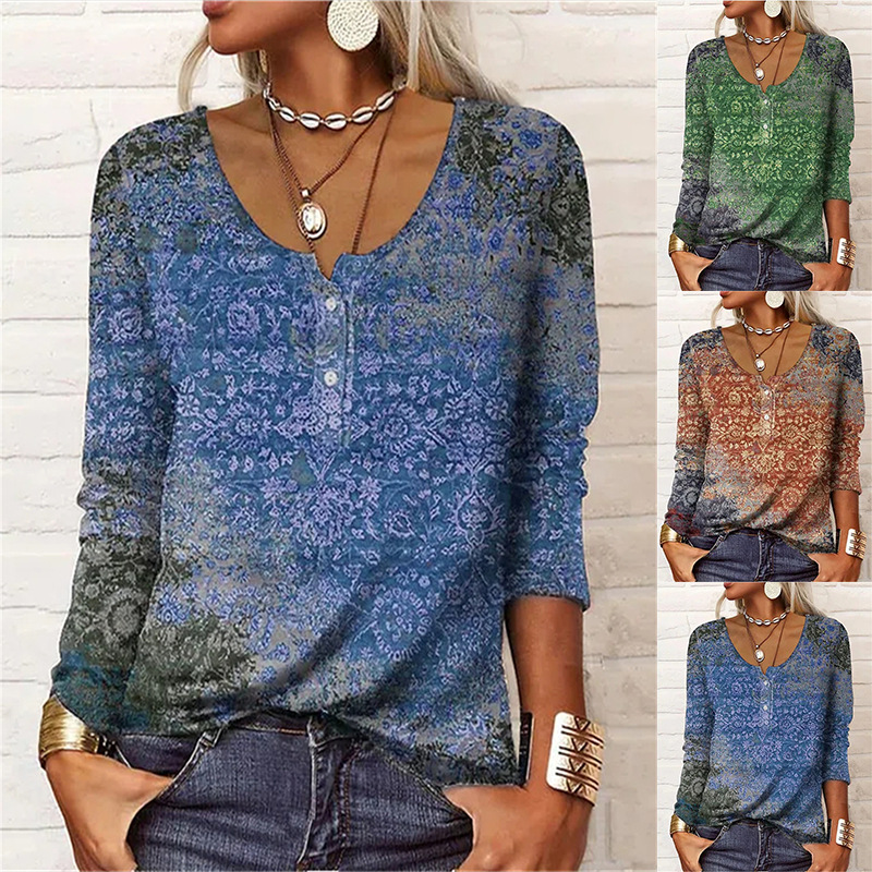 Title 6, Loose Long-sleeved Geometric Floral U-neck Butt...