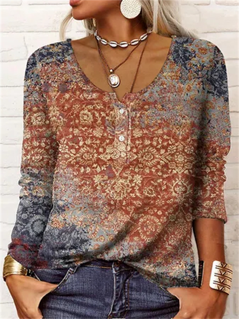 Title 7, Loose Long-sleeved Geometric Floral U-neck Butt...