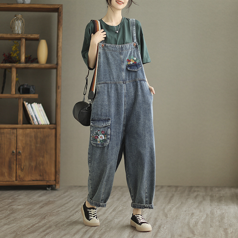 New Real Time Shooting Of Denim Embroidered Strap Pants For Women Light Blue - Shop at LoveMi