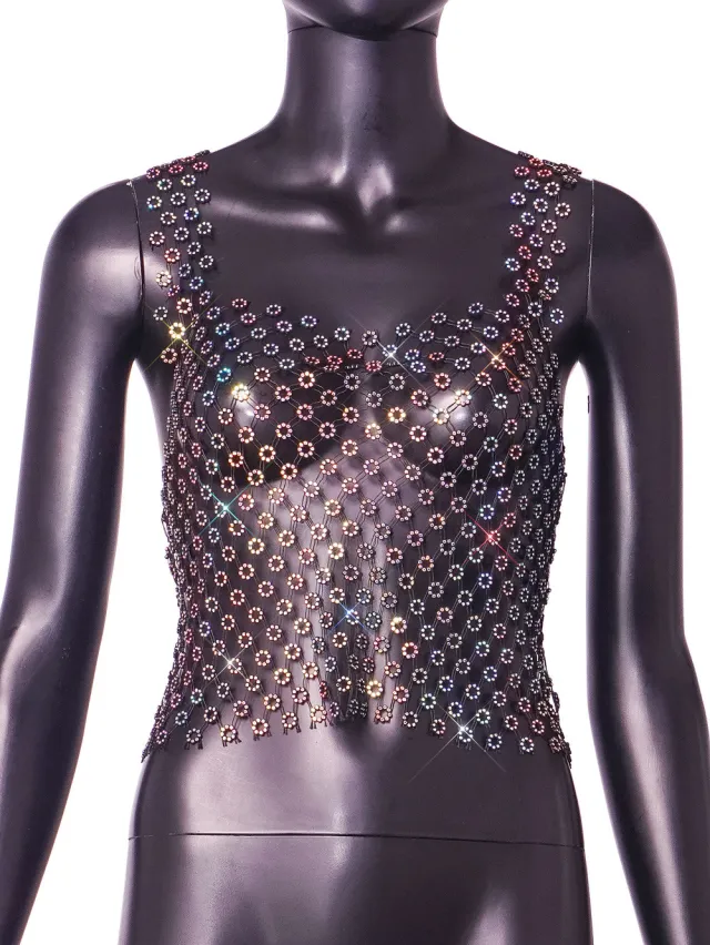 Women's Sexy Hot Hollow Mesh Rhinestone Small Top Vest Black - Shop at LoveMi