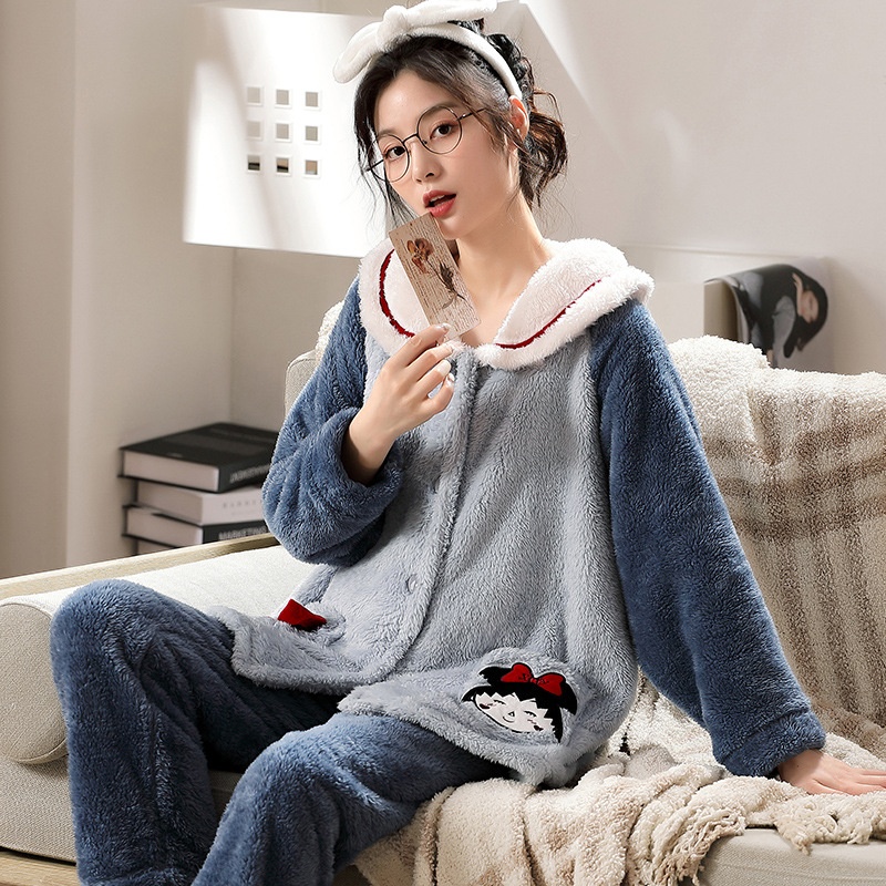 Autumn And Winter Flannel Women's Long Sleeve Fleece-lined Cartoon Pajamas