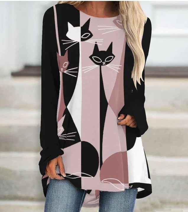 2020 Stylish Loose Round Neck Digital Printed Long-sleeved Top