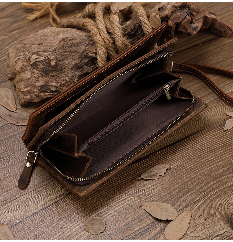 Cowhide Zipper Large Capacity Multiple Card Slots Crazy Horse Leather Long Wallet Men