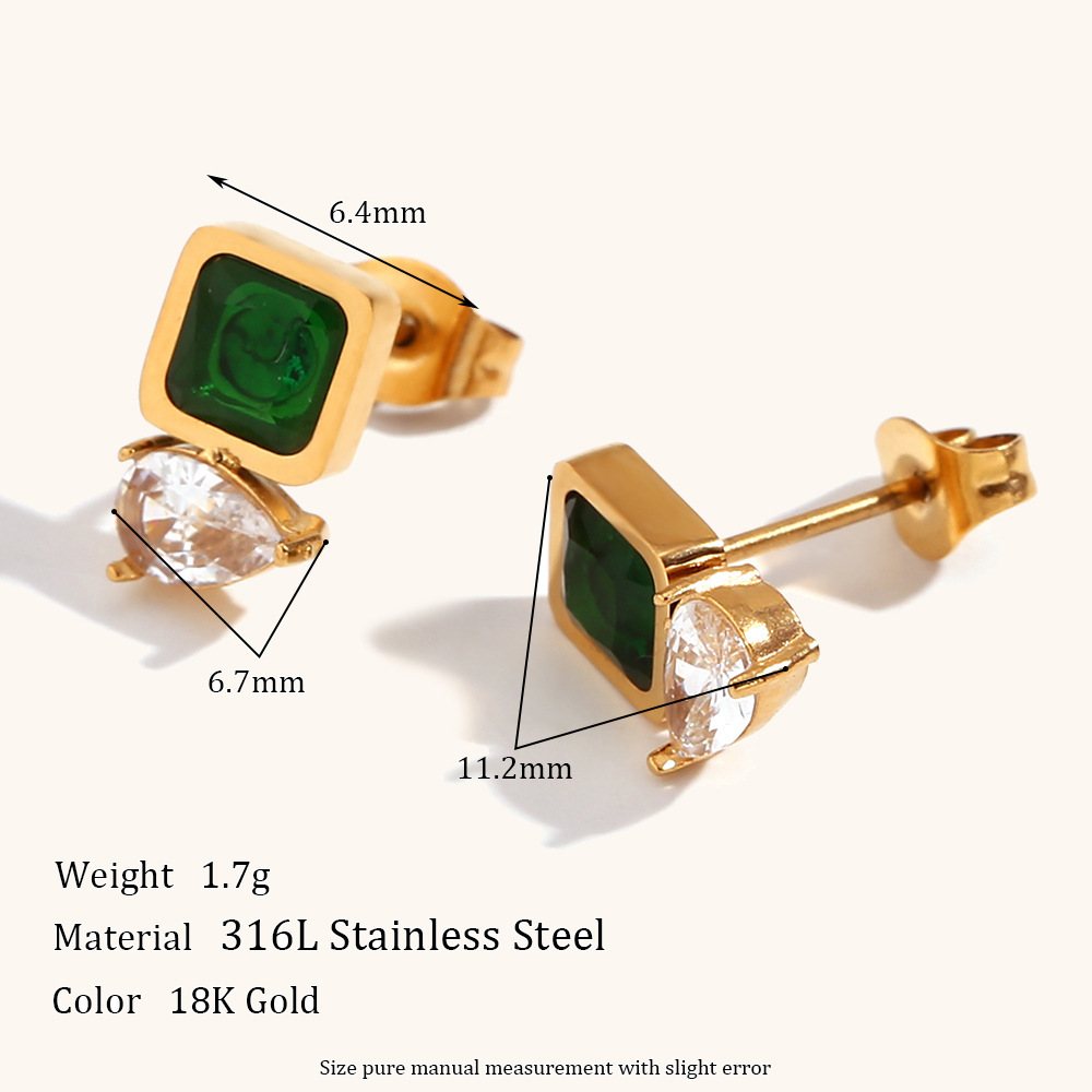 Square Green Zirconium Transparent Water Drop Stitching Earrings