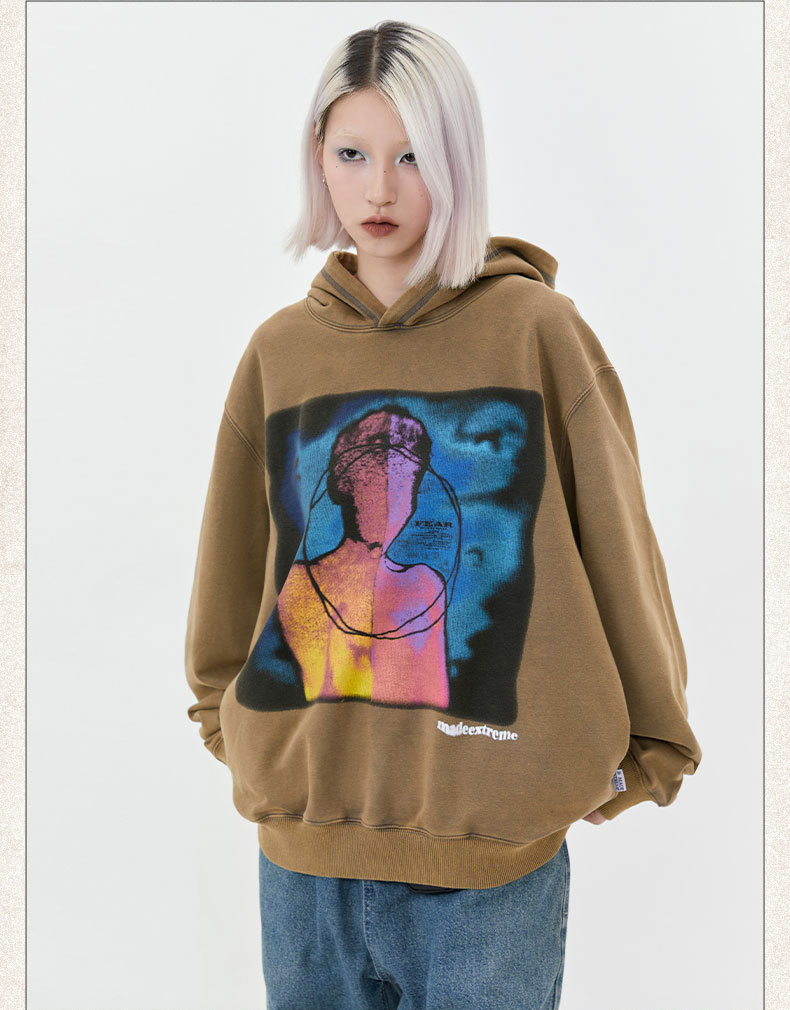 American Street Oil Painting Printed Loose Sweatshirt