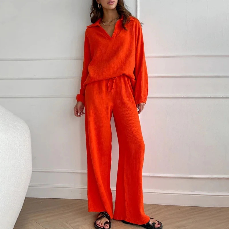 Elegant Women Casual Loose Outfit Female Long Sleeve Top Drawstring Trousers