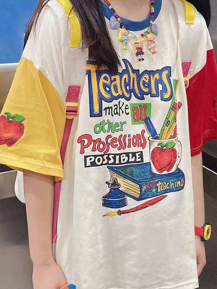 Japanese Pure Cotton Color Matching Short Sleeved T-shirt For Women