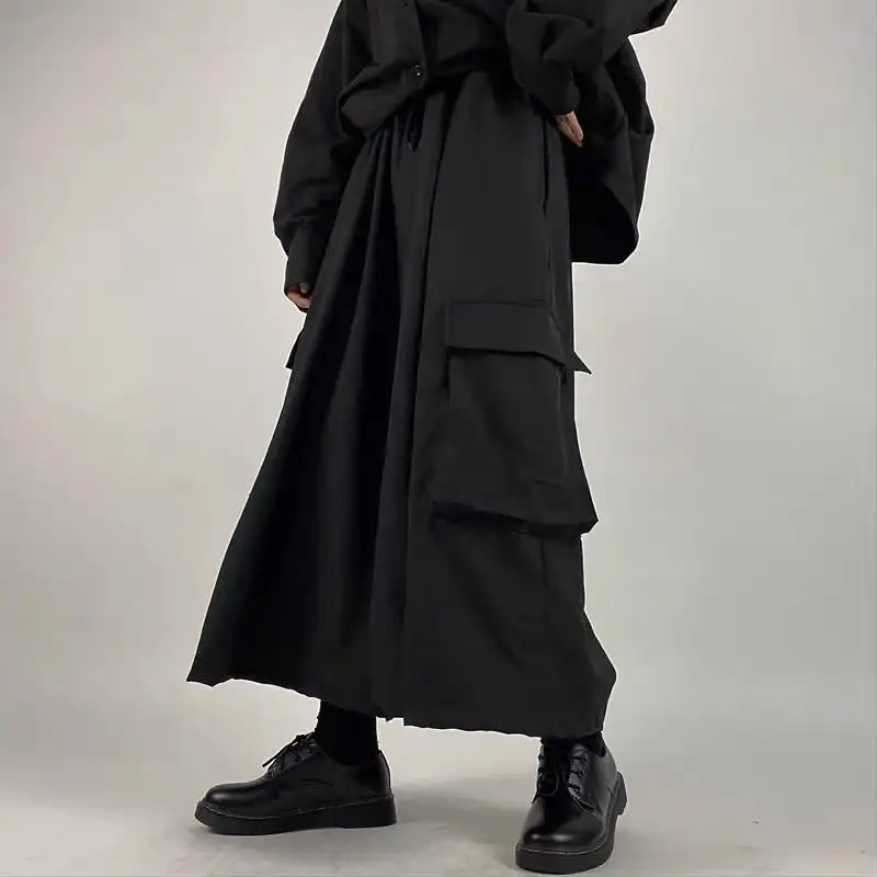 Large Swing Black Japanese Wide-leg Pants Split Draping Cropped Tooling Large Pocket