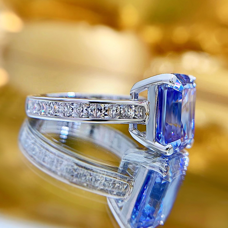 S925 Silver Blue Gray High Carbon Rhinestone Ring