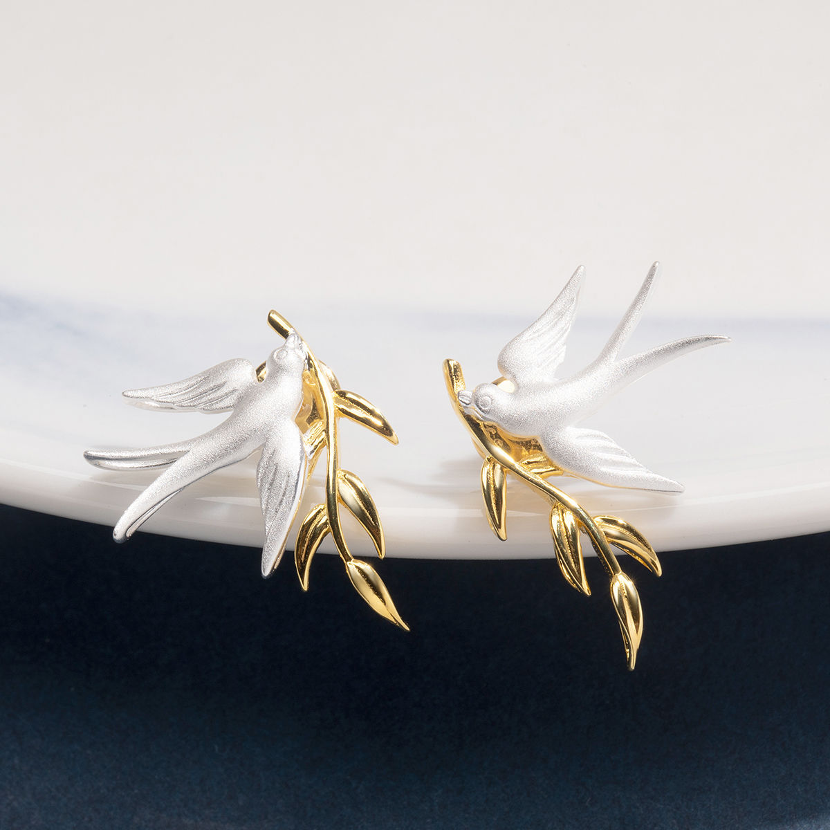 Silver Plated Swallow Branch Ear Studs