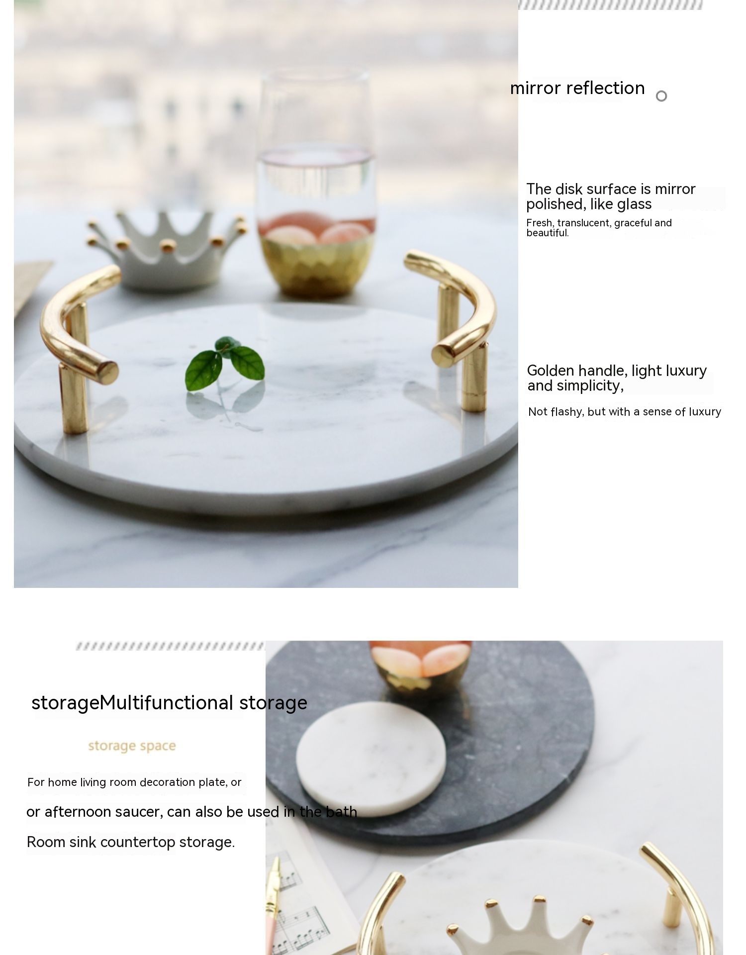 Title 10, Metal Handle Marble Round Tray Dining Tray