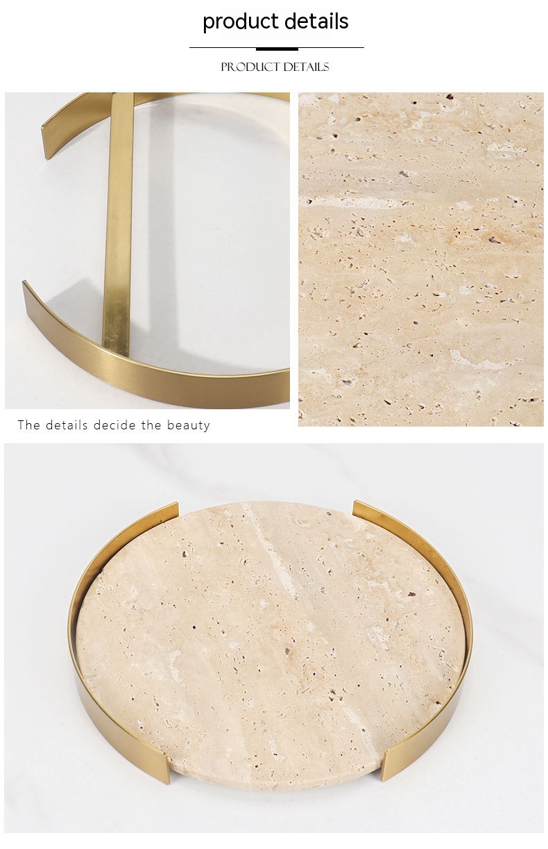 Title 3, Natural Marble Round Metal Frame Tray Desktop S...