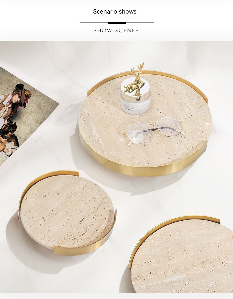 Title 5, Natural Marble Round Metal Frame Tray Desktop S...