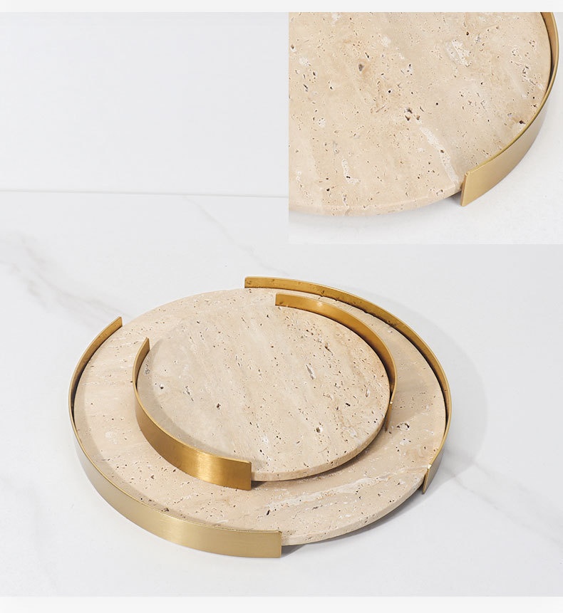 Title 7, Natural Marble Round Metal Frame Tray Desktop S...