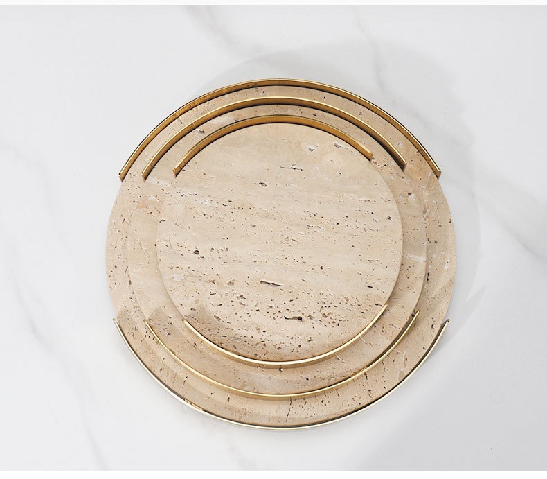 Title 9, Natural Marble Round Metal Frame Tray Desktop S...