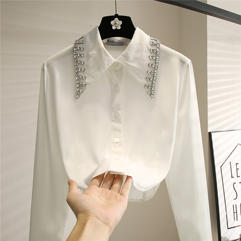 Long Sleeve Cardigan Short Rhinestone White Shirt