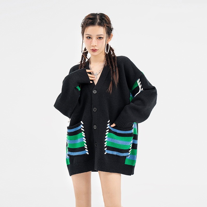 V-neck Single Breasted Knit Casual Loose