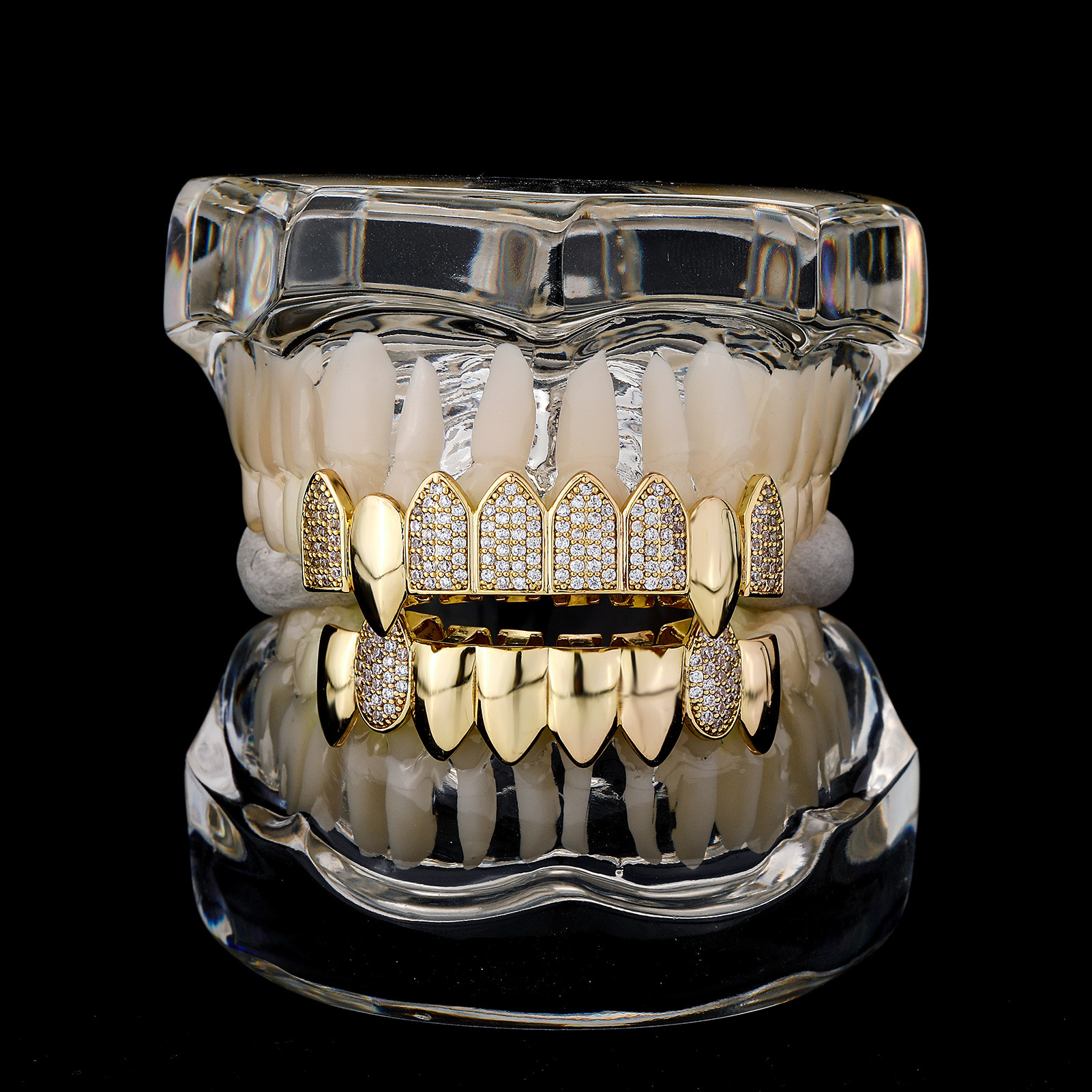 Title 2, Full Diamond Mixed Embedded Pointed Teeth False...