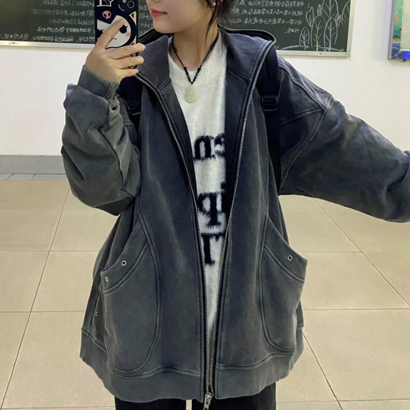 Women's Retro High Street Pocket Distressed Hoodie Coat