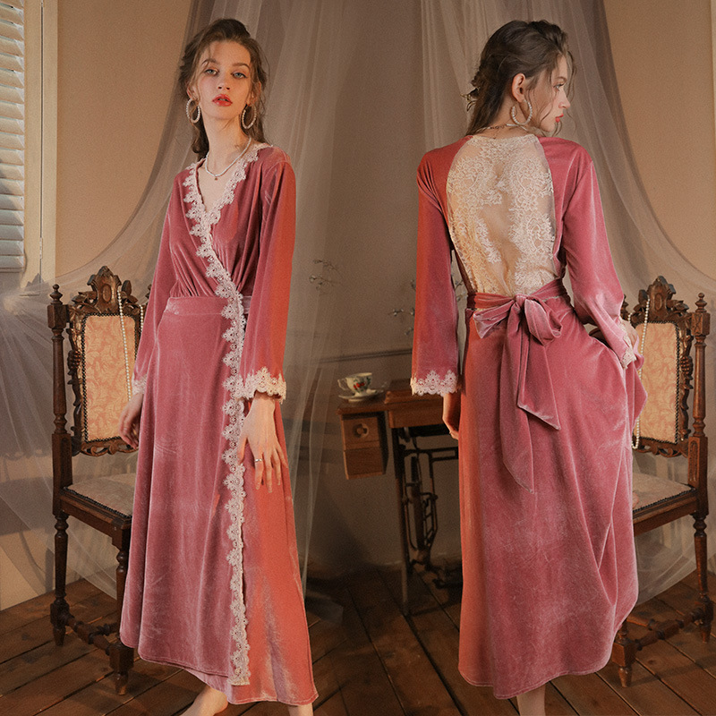 Title 5, Hollow Lace Gold Velvet Morning Gowns Women