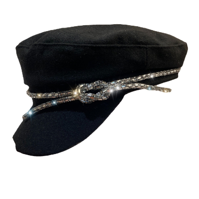 Women's Rhinestone Woolen Navy Hat