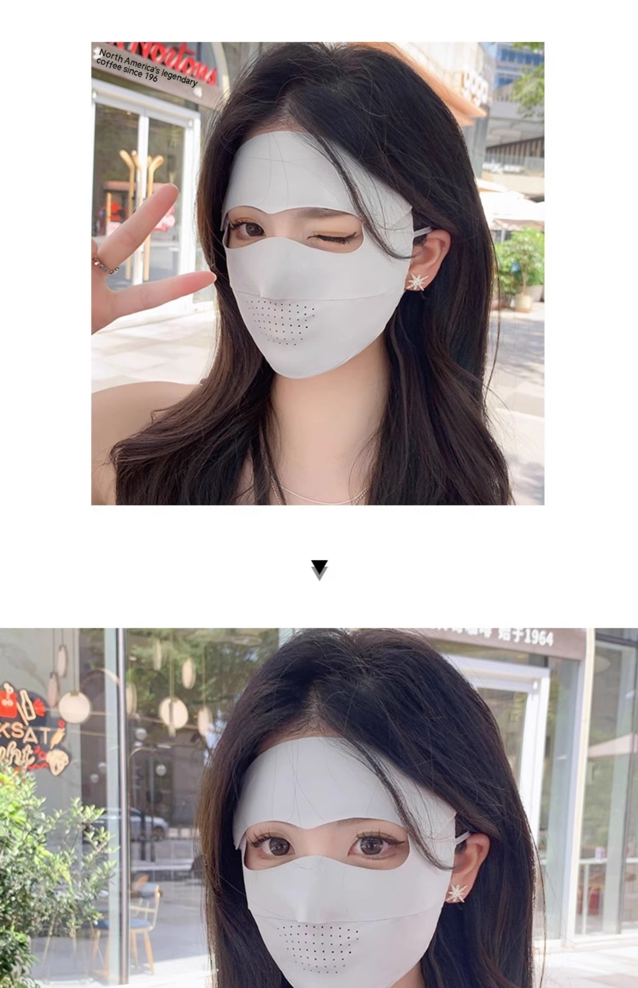 In the upper image, an individual dons a Facekini Full Face Sunscreen Mask in white ice silk, winking and flashing a peace sign. The lower image captures the same person with a direct gaze at the camera, showcasing the light-reflective quality of the breathable thin ice silk fabric. The sunny cityscape setting with buildings and trees complements this effortlessly cool vibe.