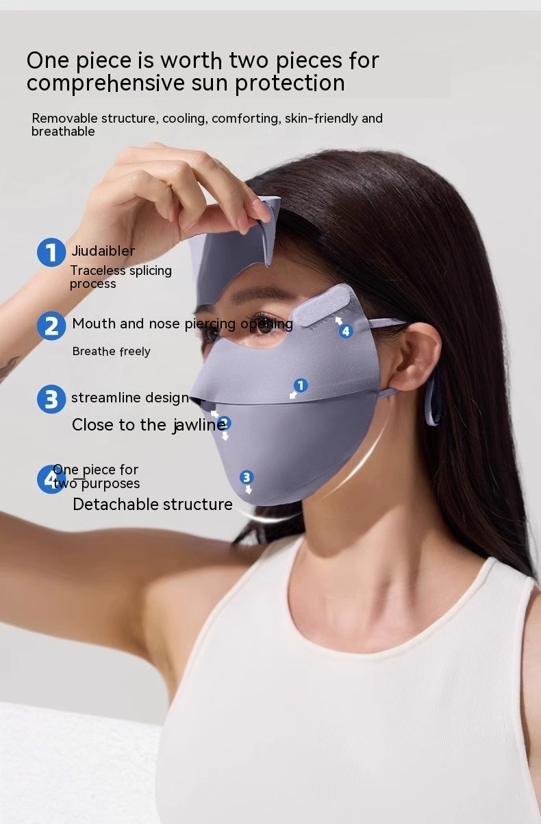 A woman adjusts her chic Facekini Full Face Sunscreen Mask, a gray sunshade accessory crafted from thin Ice Silk. It covers her face from the nose to the jawline and features a breathable design with traceless splicing and a detachable structure for effective sun protection.