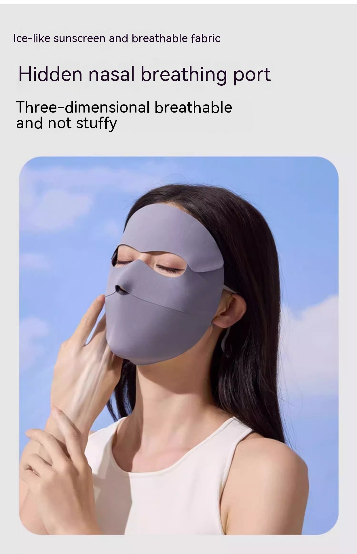 A person is shown wearing a Facekini Full Face Sunscreen Mask, crafted from breathable thin ice silk. The mask, with a concealed nasal breathing port, covers their nose, mouth, and part of their forehead. They are touching the mask with one hand against a backdrop of a clear sky dotted with a few clouds.