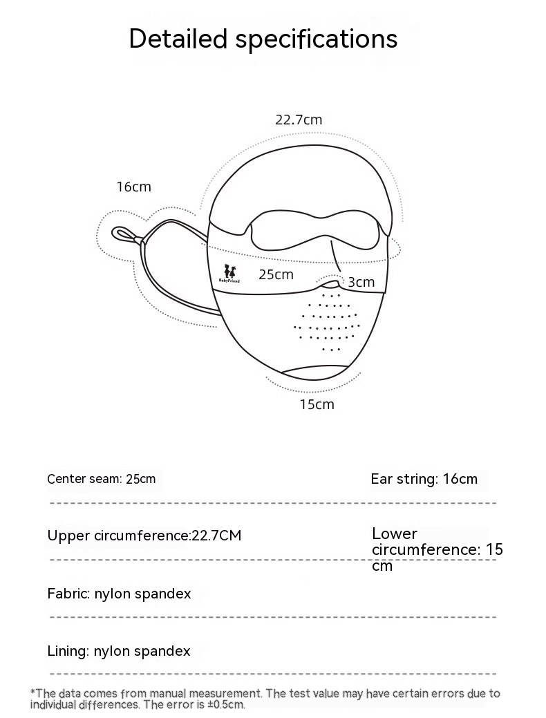 An illustration of the Facekini Full Face Sunscreen Mask with detailed measurements: center seam 25cm, ear string 16cm, upper circumference 22.7cm, and lower circumference 15cm. Crafted from nylon spandex and ice silk for ultimate comfort. A note highlights potential measurement variations due to individual differences.