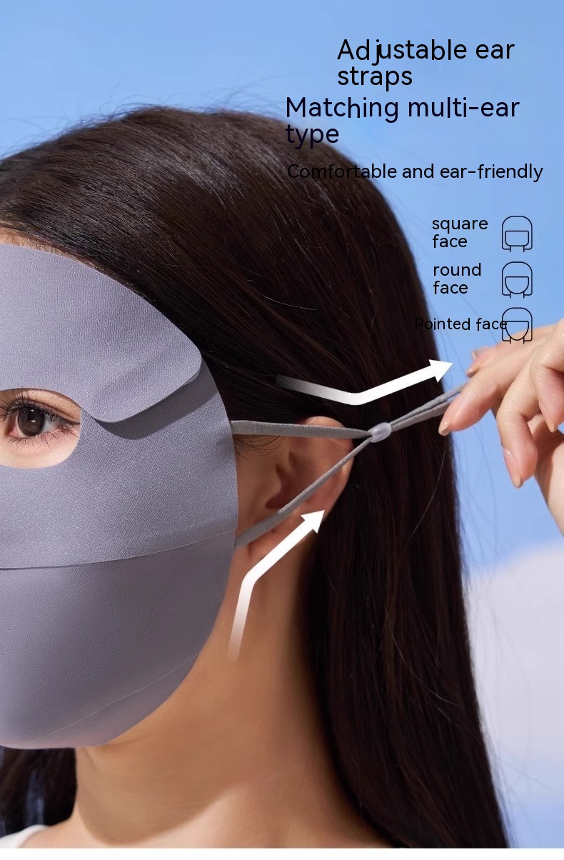 A person wearing a Facekini Full Face Sunscreen Mask Breathable Thin Ice Silk in gray adjusts the ear strap. The mask is designed to suit various face types such as square, round, or pointed. The highlighted text emphasizes the "adjustable ear straps" and "comfortable and ear-friendly" features, providing a sunshade effect for enhanced comfort.