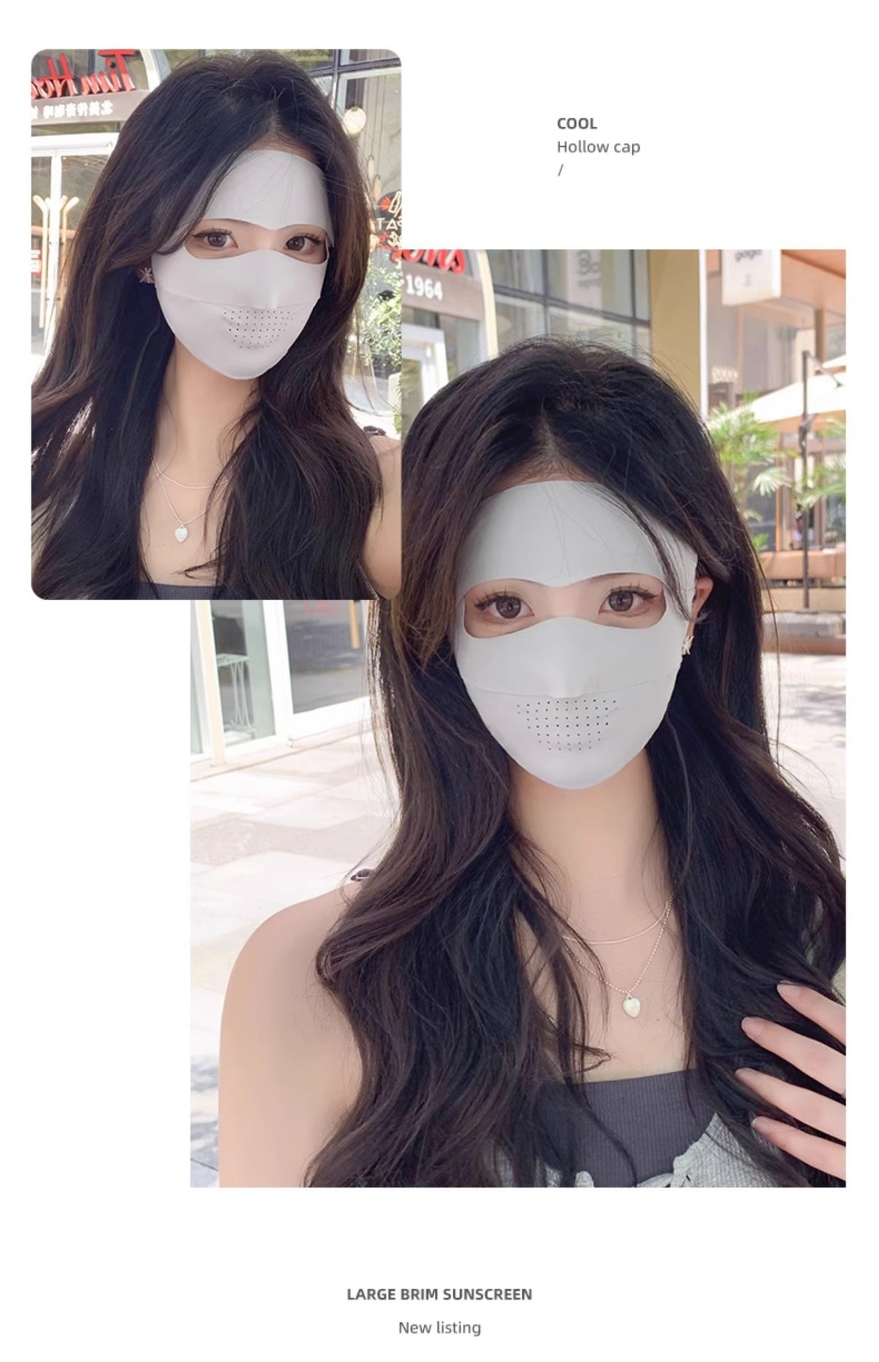 A woman with long dark hair is shown in two photos wearing the Facekini Full Face Sunscreen Mask, made from breathable thin ice silk, in a light gray color. She pairs it with a matching cap while standing outside near a building. The mask's design includes perforations for enhanced breathability. Text: "COOL Hollow cap / LARGE BRIM SUNSCREEN New listing.