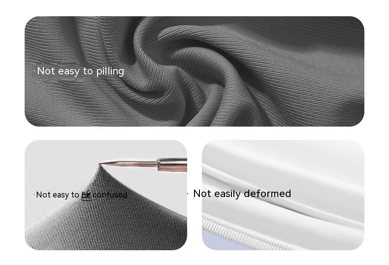 The collage of fabric features includes a top section showcasing the gray nylon fabric from the Facekini Full Face Sunscreen Mask, known for its resistance to pilling; the bottom left displays a needle symbolizing the non-tangled nature of the fabric; and the bottom right highlights the durable white ice silk edges that maintain their shape.