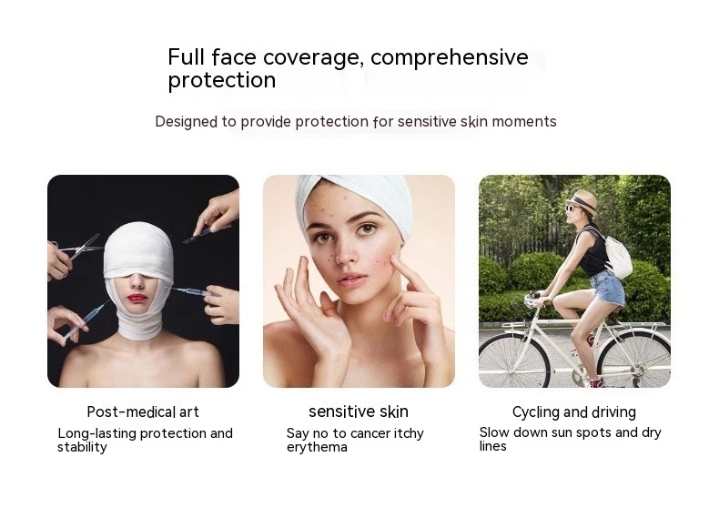 A collage of three images showcases a person with head wrapped in bandages, a woman with clear skin and a towel on her head, and a woman cycling while wearing Facekini Full Face Sunscreen Mask made of breathable thin ice silk. The accompanying text highlights its effectiveness for post-medical care, sensitive skin protection, and outdoor cycling activities.