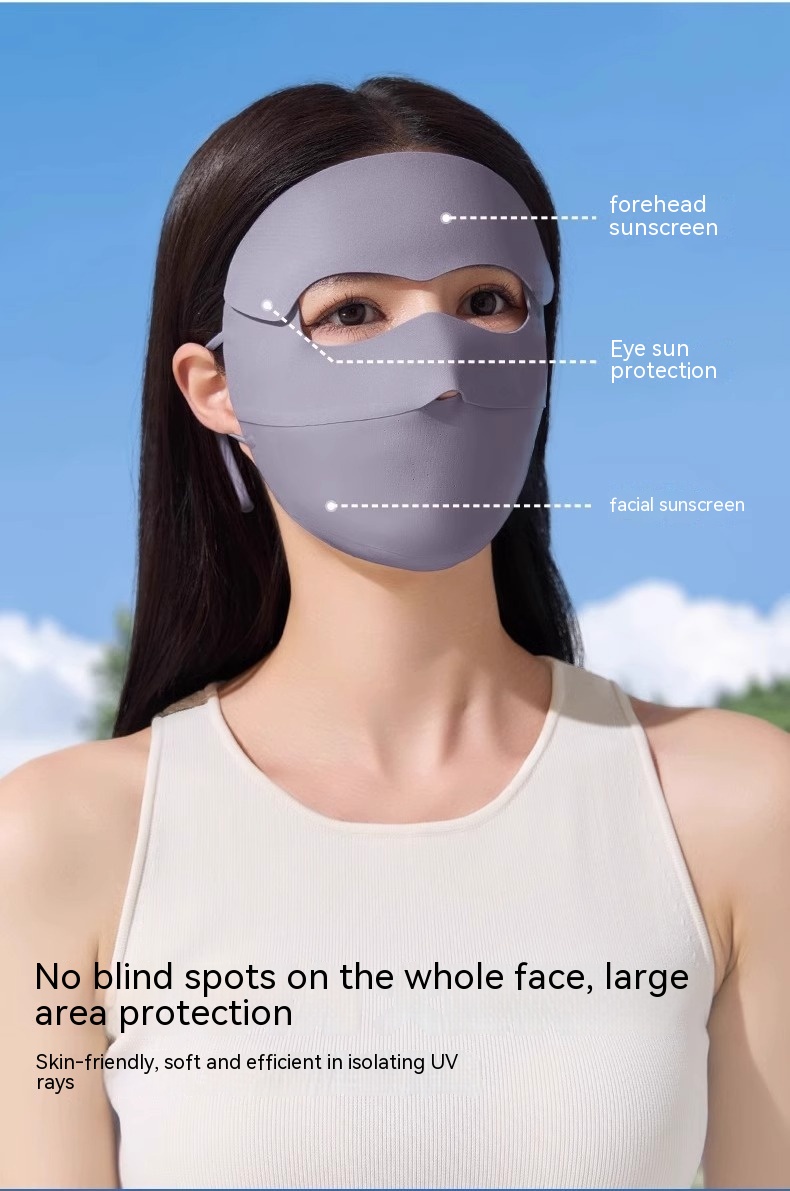 A person uses the Facekini Full Face Sunscreen Mask, a breathable accessory made from nylon and ice silk in gray, designed for effective UV protection. It shields the forehead, eyes, and entire face from harmful rays while being skin-friendly and ensuring comprehensive sun protection with its cutting-edge design.